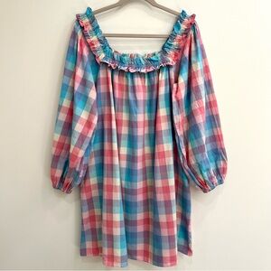 OPHELIA & INDIGO april dress in pastel plaid pink blue pockets square neckline